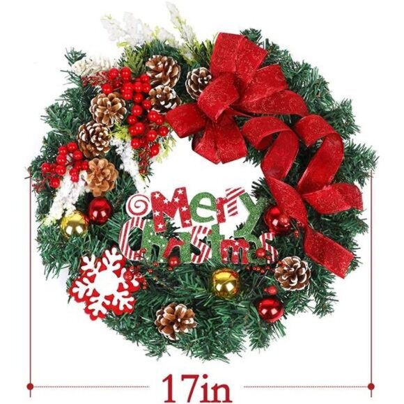 17" Winter Wreath for Front Door Artificial Red Holiday Wreath with Accents - Picture 1 of 6